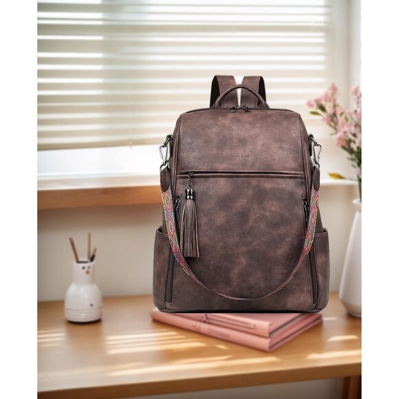 Women Coffee Brown Retro Style Backpack Designer 15.6 inch PU Leather Laptop Bag - Picture 2 of 10